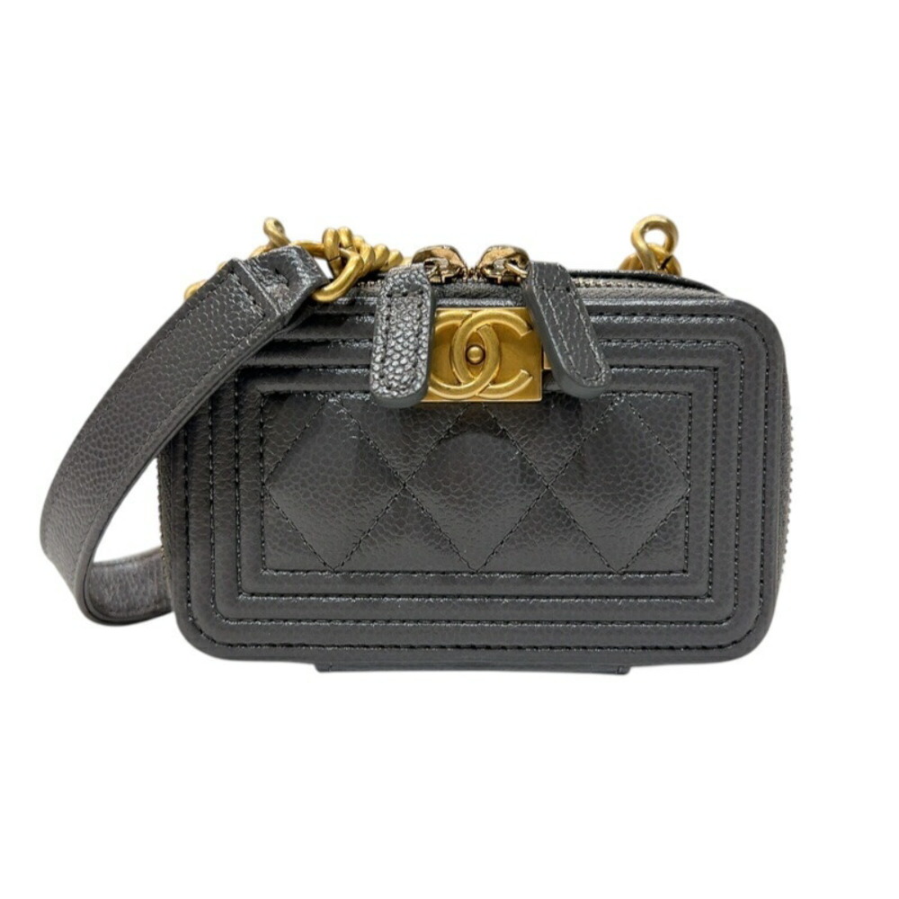 Chanel Boy Card Chain Shoulder Bag Caviar Skin Grey